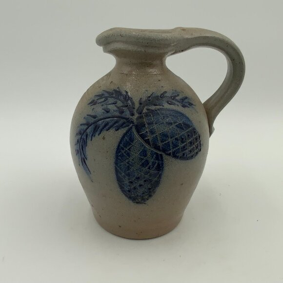 Rowe Pottery Works Salt Glazed Stoneware Jug With Cobalt Blue Pine Cones - Picture 1 of 6